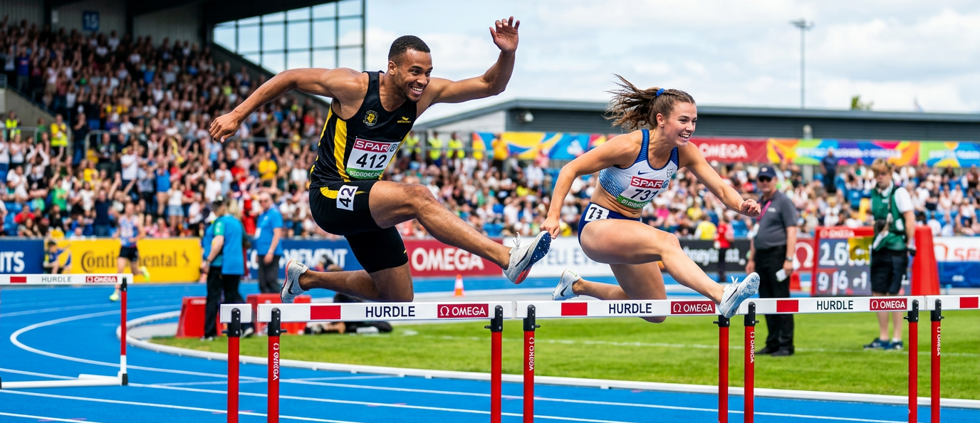 Deux athlètes sautent par dessus des haies d'athlétisme en compétition.