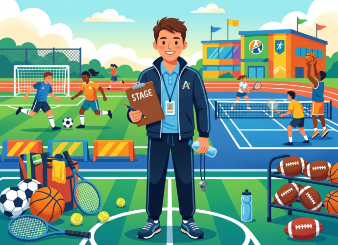 Coach holding a clipboard and whistle on a multisport field