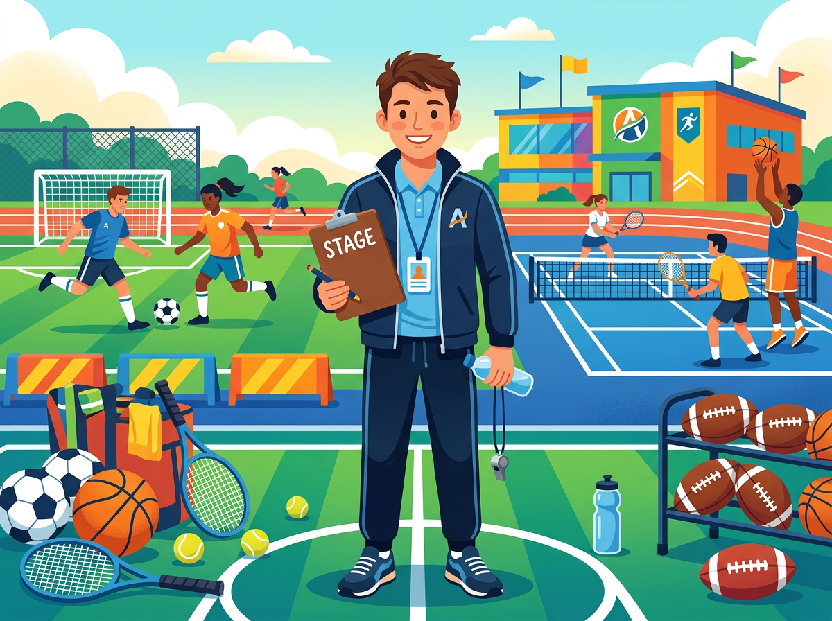 Coach holding a clipboard and whistle on a multisport field